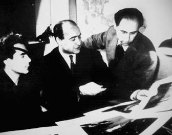 Александр Винокуров, Лев Атаманов, Леонид Шварцман во время работы над «Золотой антилопой». 1954 год